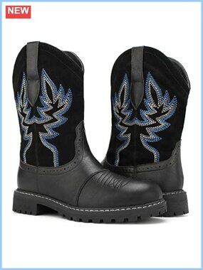 Mid Calf Western Cowboy Boots Embroidered Faux Suede Round Toe